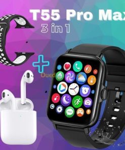 Smart Watch T55 Pro Max Smart Watch 3 En 1 – Montre + Écouteurs BT + Doubles Bracelets Interchangeables