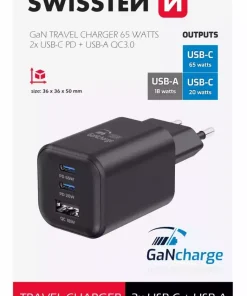 Chargeur de voyage Swissten 65W 2x UBS-C USB-A – 22071410 – Noir