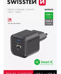 Chargeur de voyage Swissten 12W USB-A USB-C – 22071510 – Noir