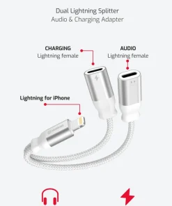 Swissten Textile Adaptateur de charge Lightning vers double USB-C – 73502306 – 0,12 m – Blanc