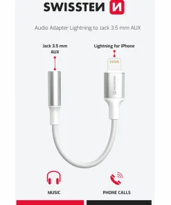 Swissten Textile Adaptateur Aux (femelle) vers Lightning 3,5 mm – 73502314 – 0,12 m – Blanc