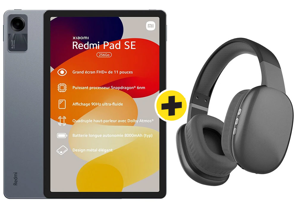 Pack Tablette 11 Pouces 8/256GB Graphite Grey Xiaomi Redmi + Casque sans Fil Bluetooth Confort à Réduction de Bruit (REDMI PAD SE 11 + CAQ111)